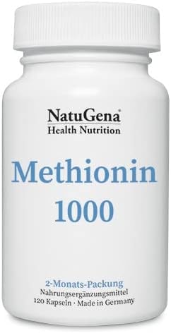 Produktbild von Bewertung NatuGena Methionin 1000 hochdosiertes Methionin rein pflanzliche Aminosäuren aus Fermentation ohne Gentechnik 120 Kapseln 2 Monats Packung