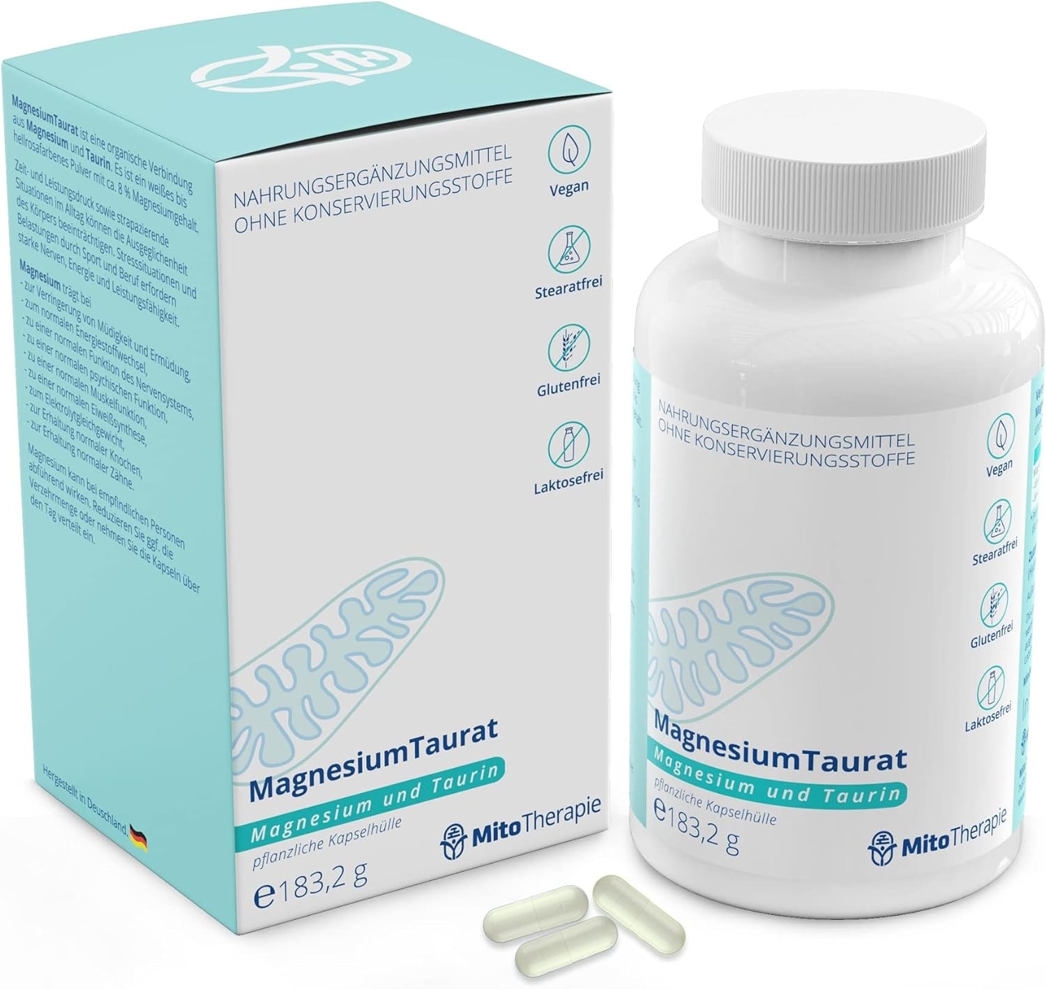 Produktbild von Bewertung MitoTherapie MagnesiumTaurat Magnesium und Taurin das Zwei in einem Magnesium 180 vegane Kapseln mit jeweils 900 mg Magnesium in seiner besten Form