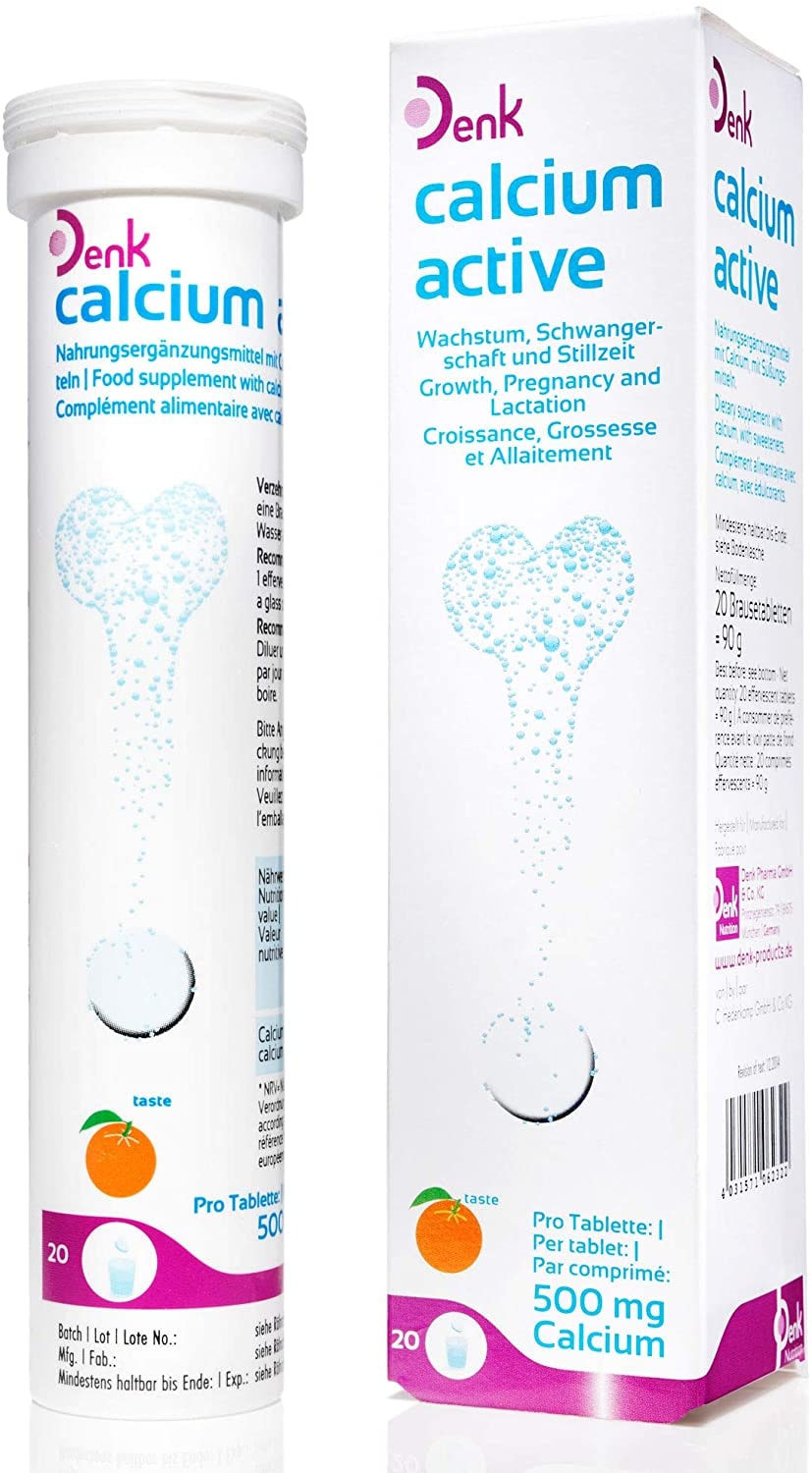 Produktbild von DENK - calcium active Denk Nahrungsergänzungsmittel mit Calcium für Knochen, Zähne und Muskeln, für jede Lebensphase, mit 500 mg Calcium, 20 Brausetabletten