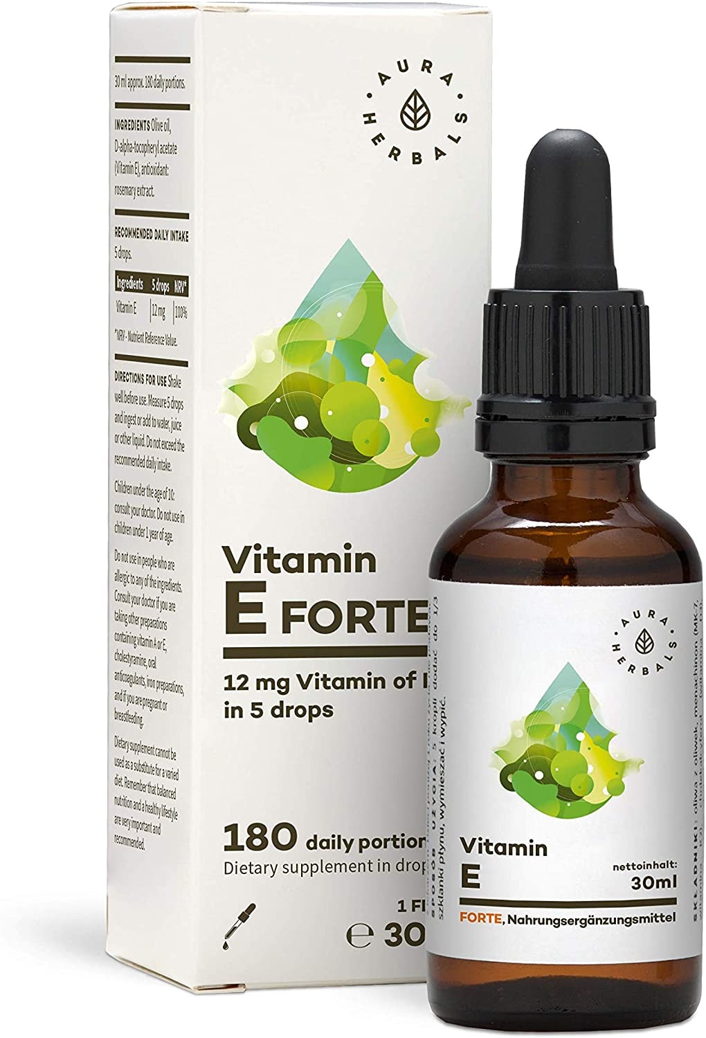 Produktbild von AURA HERBALS Vitamin E Forte 900 Tropfen Öl Hochdosiert und bis zu 180 TAGESPORTIONEN Flüssig 30ml Natürliches Produkt 100% - Vegan - Hohe Bioverfügbarkeit - Einfache Komposition