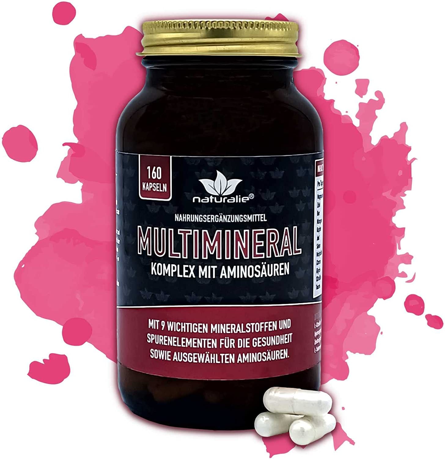 Produktbild von naturalie® - Multimineral Komplex mit 9 Mineralstoffen/Spurenelementen | laborgeprüft und bioverfügbare Verbindungen | 160 Kapseln im GLAS - BPA frei | Zink, Selen, Magnesium, Kupfer, Jod, uvm.