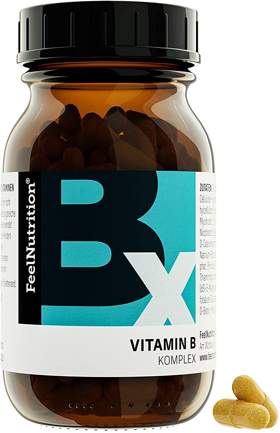 Produktbild von FeelNutrition Vitamin B-Komplex - IM GLAS, OHNE WEICHMACHER - Mit den bioaktiven Formen B12 als Methylcobalamin, B9 als 5-MTHF Quatrefolic® - vegan & hochdosiert - 60 Kapseln