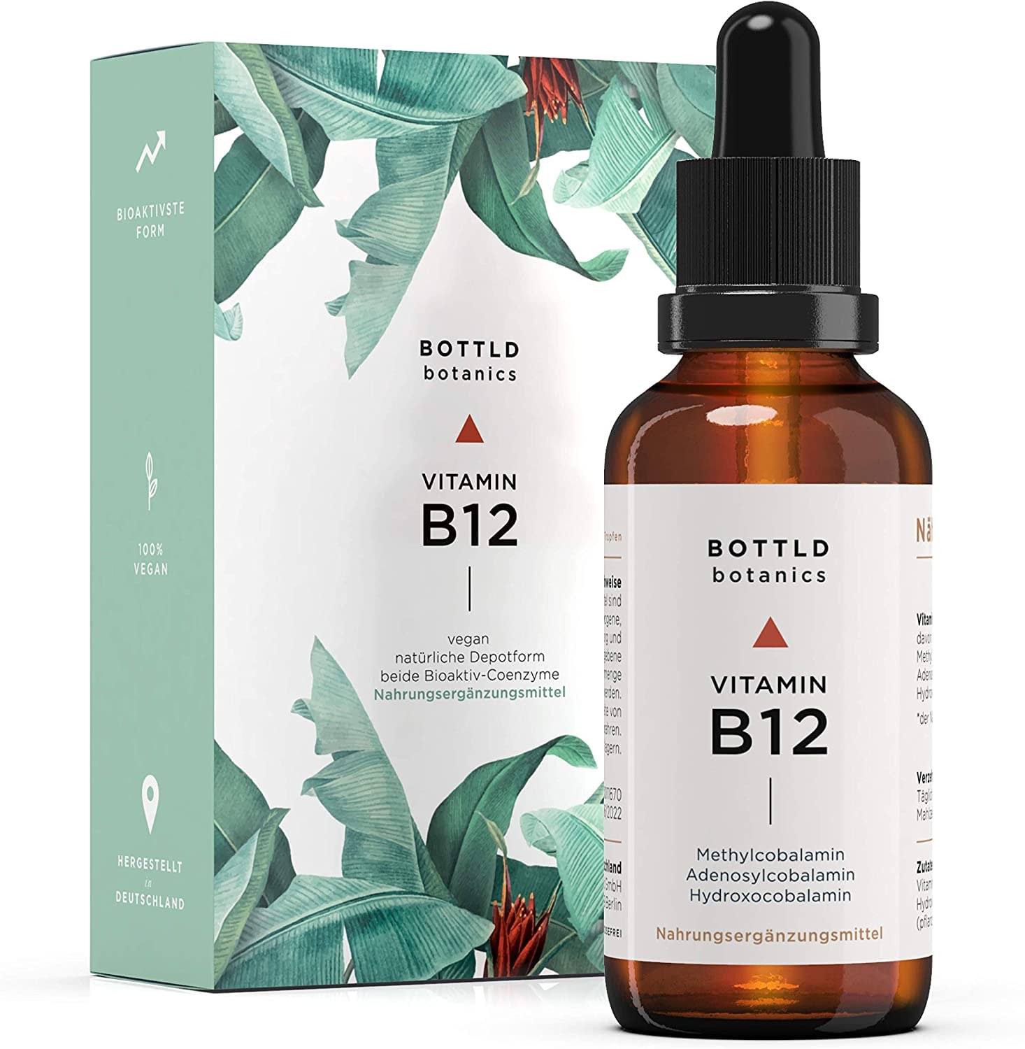 Produktbild von Bewertung BOTTLD botanics Vitamin B12 Tropfen 100% europäische Herkunft Vegan alkoholfrei alle 3 natürlichen Formen Aktivformen und Depot Form Stoffwechselkur in Deutschland