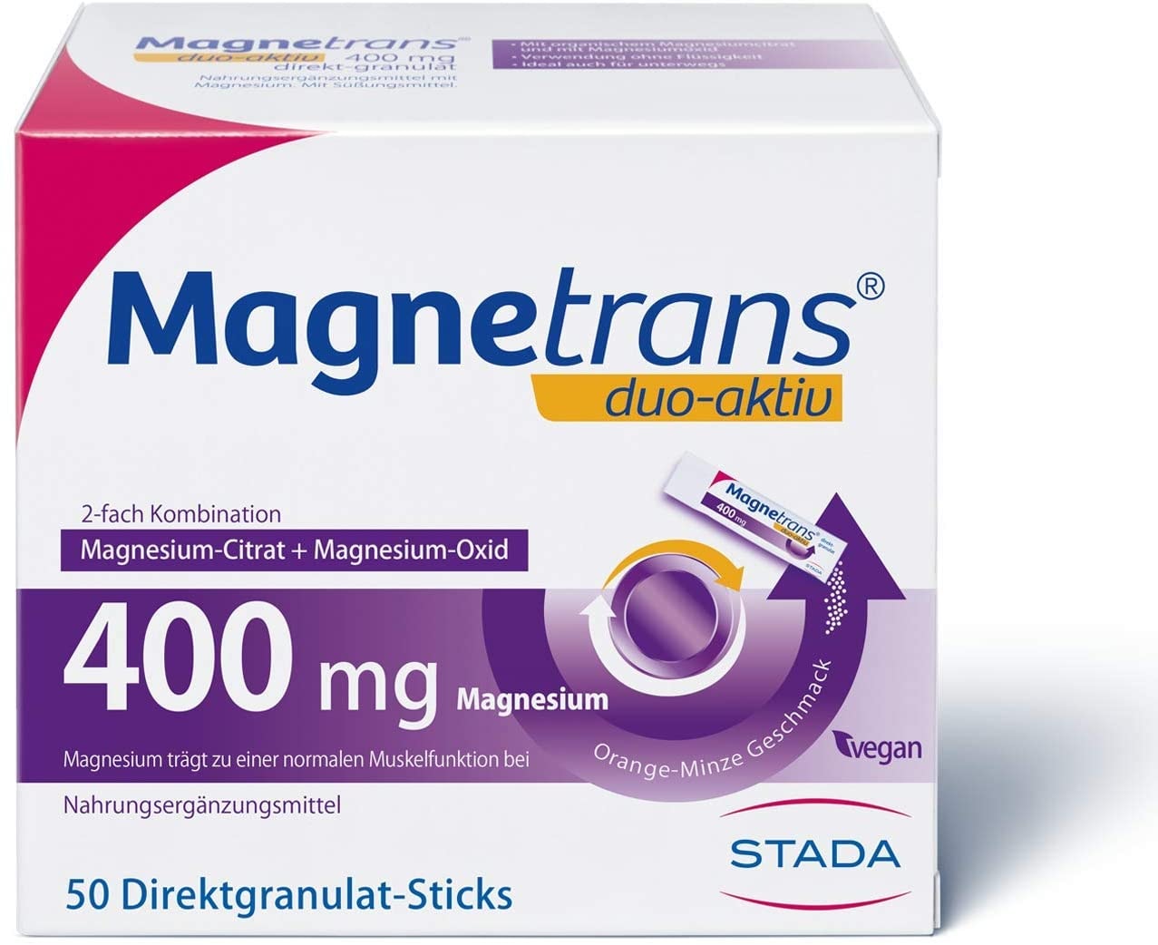 Produktbild von Magnetrans Duo-Aktiv 400mg - Magnesiumgranulat zur Einnahme ohne Flüssigkeit – mit der 2-fach Kombination Magnesium-Citrat und Magnesium-Oxid - 1 x 50 Sticks