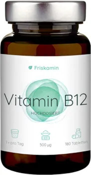 Produktbild von Friskamin - Vitamin B12 500μg hochdosiert vegan - 180 Kapseln entsprechen einer 6 Monate Dosis - hochwertiges Methylcobalamin - sorgfältig in Deutschland hergestellt