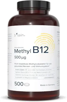 b sain - Methyl B12 Lutschtabletten 500 µg (500 Stück). Hochdosiertes aktives Vitamin B12 in Form von Methylcobalamin mit frischem Zitronen Geschmack