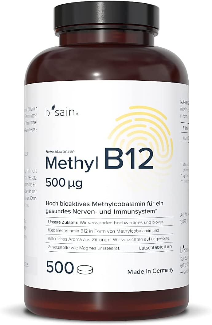 Produktbild von b sain - Methyl B12 Lutschtabletten 500 µg (500 Stück). Hochdosiertes aktives Vitamin B12 in Form von Methylcobalamin mit frischem Zitronen Geschmack
