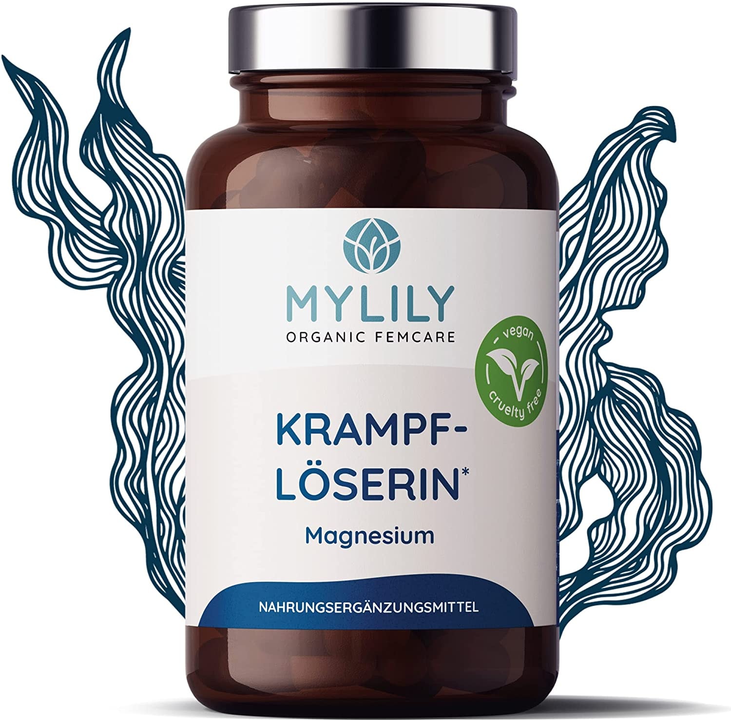 Produktbild von MYLILY Krampflöserin* I Magnesium & Vitamin B6 I Marine Magnesium I 100 % VEGAN I PFLANZLICH aus Meeresalge | 90 Kapseln | Hohe Bioverfügbarkeit I Deckt den Tagesbedarf I Nachhaltige Glasflasche