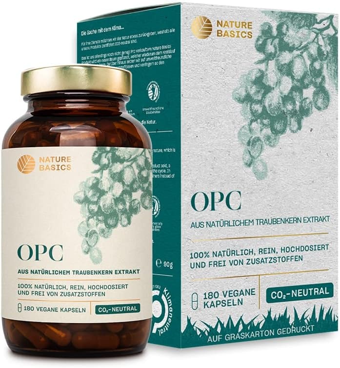 Produktbild von Bewertung Nature Basics natürliches OPC Traubenkernextrakt zertifiziert & nachhaltig im Glas frei von Zusatzstoffen & CO2-neutral 180 Kapseln vegan & hochdosiert 500mg reines OPC aus FRA pro Tagesdosis