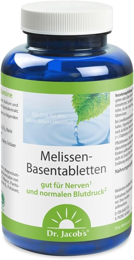 Produktbild von Bewertung Dr. Jacobs Melissen-Basentabletten Dose 250g gut für Nerven und normalen Blutdruck mit Melissenextrakt Magnesium Kalium Zink Citraten und 10 Vitaminen 50 Portionen