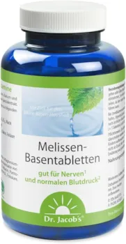 Produktbild von Bewertung Dr. Jacobs Melissen-Basentabletten Dose 250g gut für Nerven und normalen Blutdruck mit Melissenextrakt Magnesium Kalium Zink Citraten und 10 Vitaminen 50 Portionen