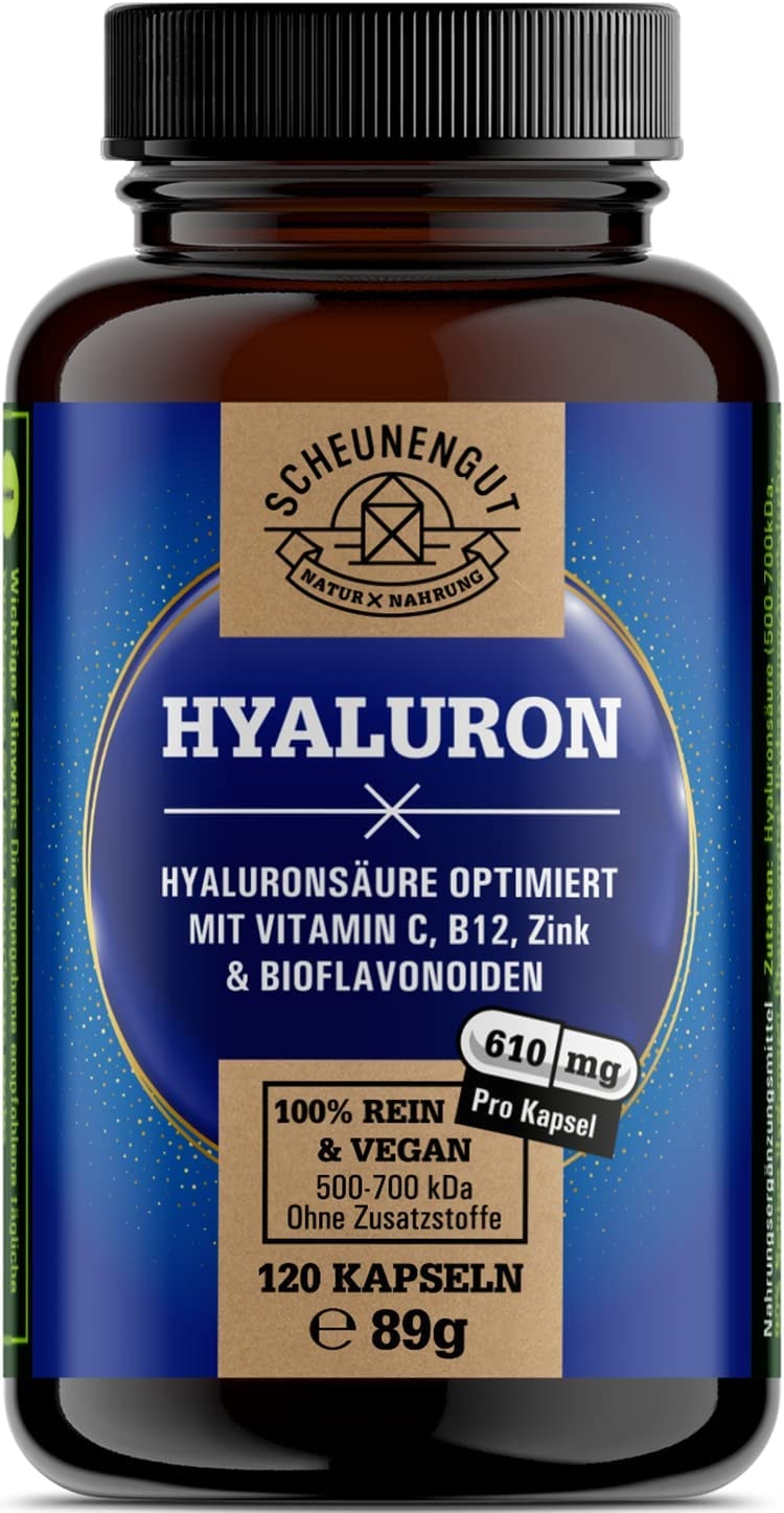 Produktbild von SCHEUNENGUT Hyaluron Kapseln 1220mg je Tagesdosis WICHTIG: 1220mg Hyaluronsäure PLUS Vitamin C, B12 & Zink für optimale Wirkung 120 Kapseln (500-700 kDa) Vegan & Laborgeprüft aus DE SCHEUNENGUT®