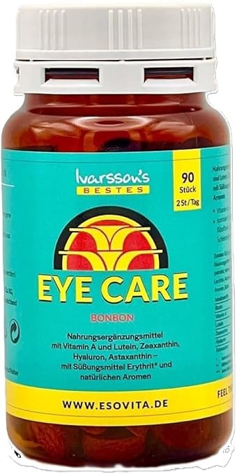 Produktbild von Bewertung Ivarsson´s Eye Care Augenvitamine mit Lutein Zeaxanthin Astaxanthin Biotin Vitamin A und Hyaluron 90 Stück zuckerfreie Bonbons Augenpflege