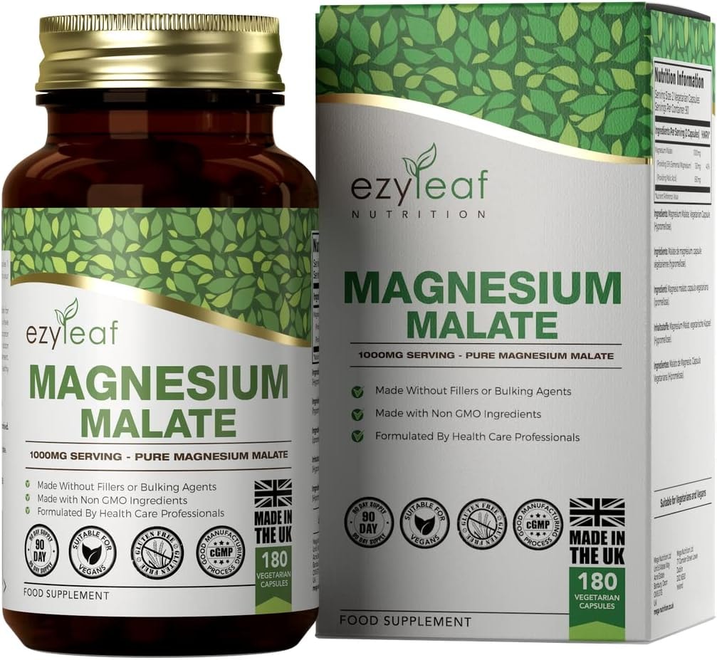 Produktbild von Bewertung ezyleaf Magnesium Malat 1000mg Magnesium Malate pro Portion 180 Kapseln Magnesiummalat Vegan und ohne Füllstoffe Magnesium Komplex Gentechnik-, Gluten- & Allergenfrei Hergestellt in GB