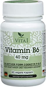Produktbild von VITA1 Vitamin B6 P-5-P 40mg • 60 Kapseln (2 Monate Vorrat) • in seiner aktiven Form Coenzym P-5-P •Kapseln von Vita1® sind besonders für Veganer und Vegetarier
