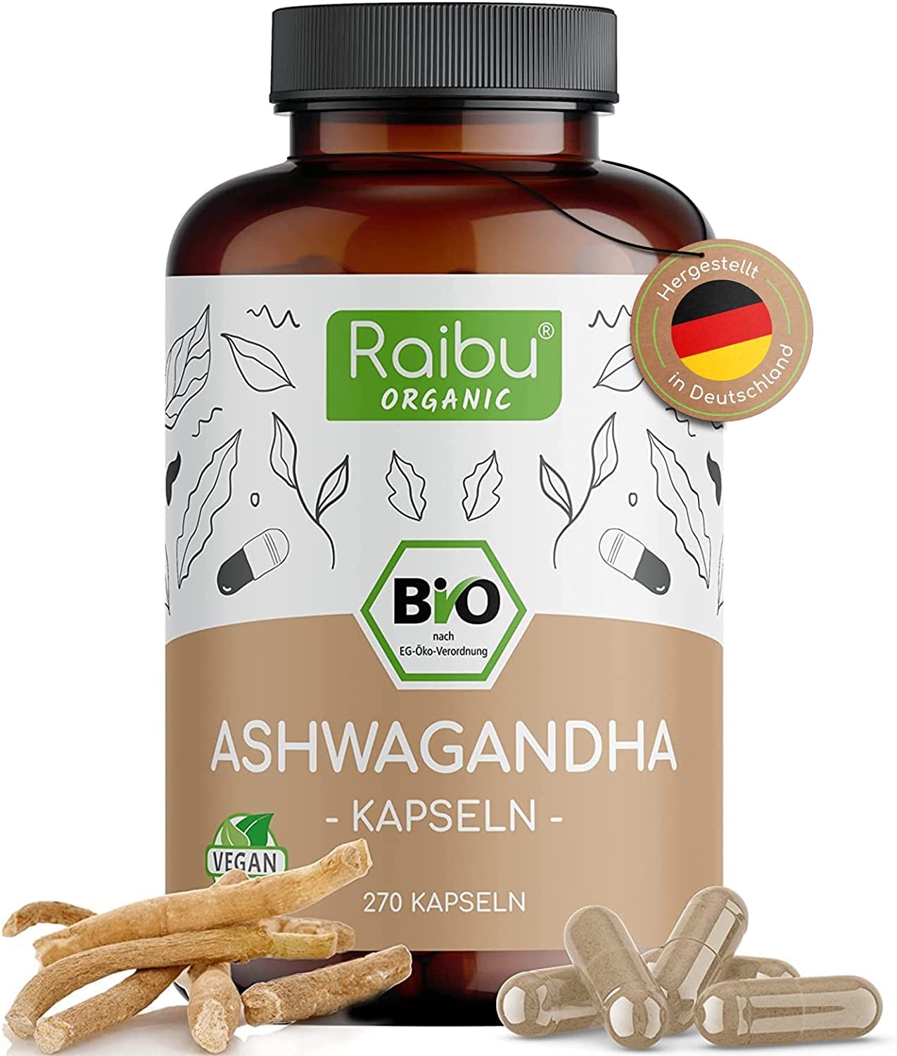 Produktbild von Raibu Ashwagandha Kapseln BIO 270 Kapseln x 600mg Hochdosiert Ashwaganda Schlafbeere in bester Bio Qualität ohne Zusätze in Deutschland hergestellt