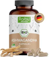 Produktbild von Raibu Ashwagandha Kapseln BIO 270 Kapseln x 600mg Hochdosiert Ashwaganda Schlafbeere in bester Bio Qualität ohne Zusätze in Deutschland hergestellt