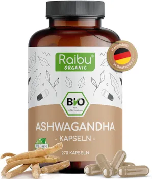Produktbild von Raibu Ashwagandha Kapseln BIO 270 Kapseln x 600mg Hochdosiert Ashwaganda Schlafbeere in bester Bio Qualität ohne Zusätze in Deutschland hergestellt
