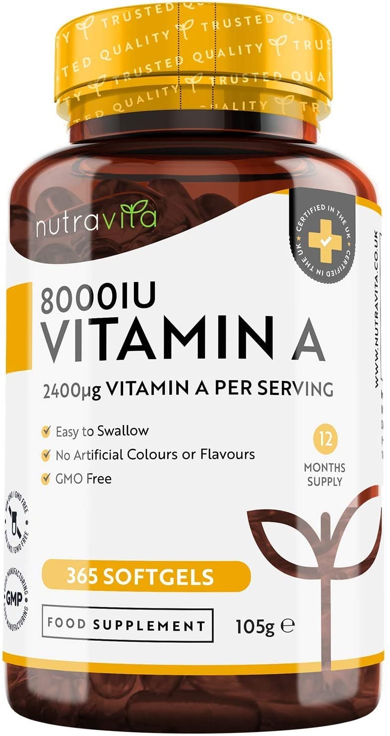 nutravita Vitamin A 8000 IE – 365 Kapseln – Vitamin A aus Retinylpalmitat – Retinol – 2.400 μg Vitamin A pro Weichkapsel – Beta Carotin – Ohne unerwünschte Zusätze – Hergestellt von Nutravita