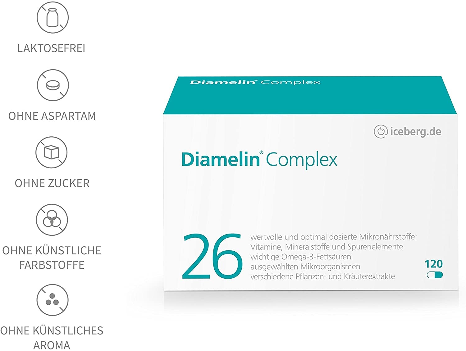 Produktbild von Iceberg Diamelin Complex - 26 Mikronährstoffe speziell für Diabetiker entwickelt z.B. mit natürlichen pflanzlichen Extrakten wie Zimt und Bittermelone plus wichtige Bakterienkulturen und Chrom