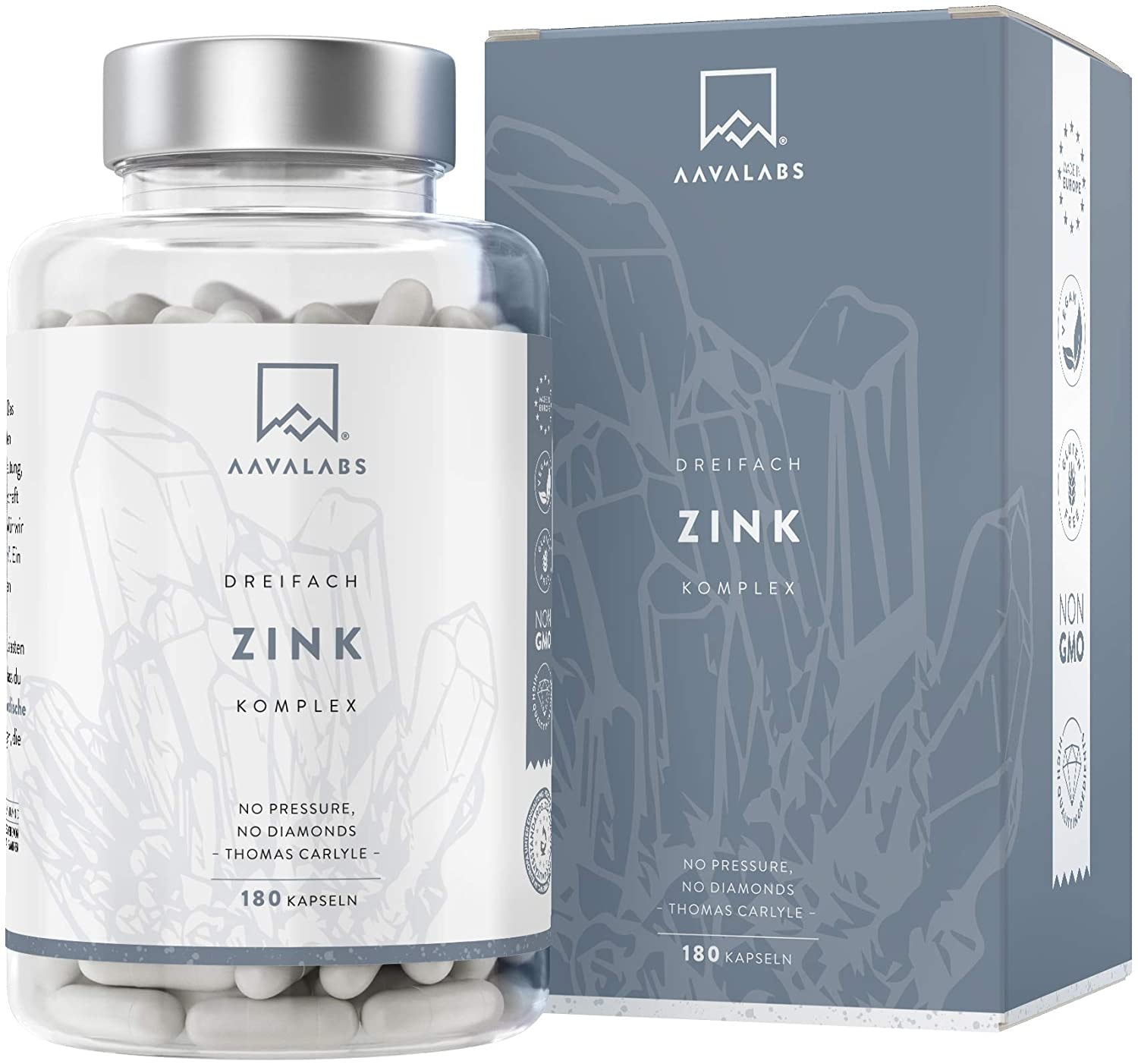 Produktbild von AAVALABS Zink Komplex [Zink 25mg] mit Vitamin C - 3X Arten hochdosiertes Zink: Picolinat, Monomethionin + Bisglycinat (Chelat) von Albion® - Zink Tabletten hochdosiert - Vegan & laborgeprüft - 180 Kapseln
