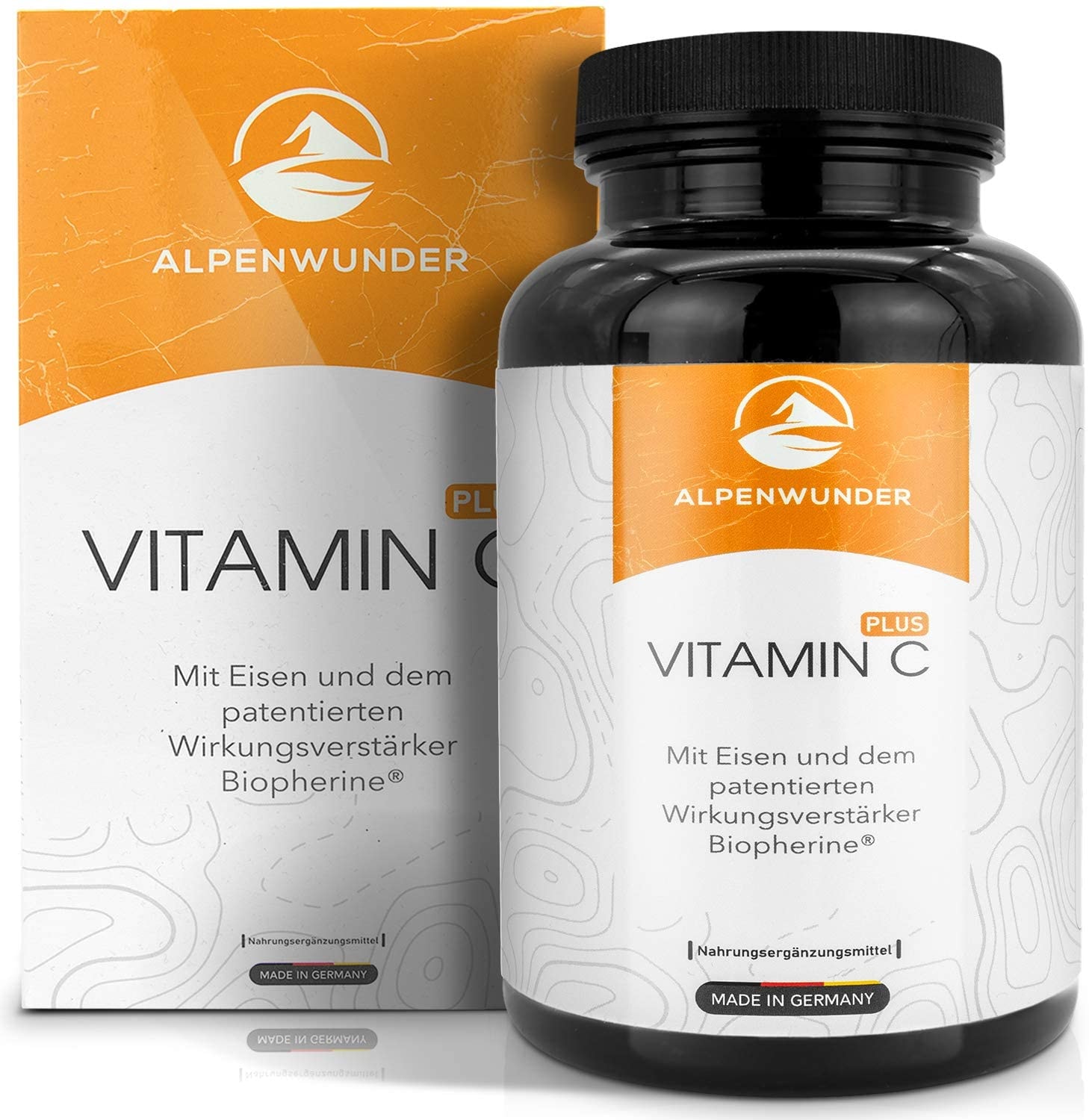 Produktbild von Alpenwunder Vitamin C + Eisen Kapseln, 100% MADE IN GERMANY, 365 hochwertige Vitamin C hochdosiert (500mg) + Eisen + Biopherine Kapseln, 100% Vegan, hergestellt gemäß DIN EN ISO 9001