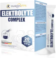 Produktbild von Bewertung Pharmavital Elektrolyte Complex Vitamine und Elektrolyte, unterstützt Wasserhaushalt, Nervensystem, mit Vitamin B6 Kalium Chlorid Magnesium Zink Natrium, 20 Pulversticks je 8g zum Auflösen in Wasser