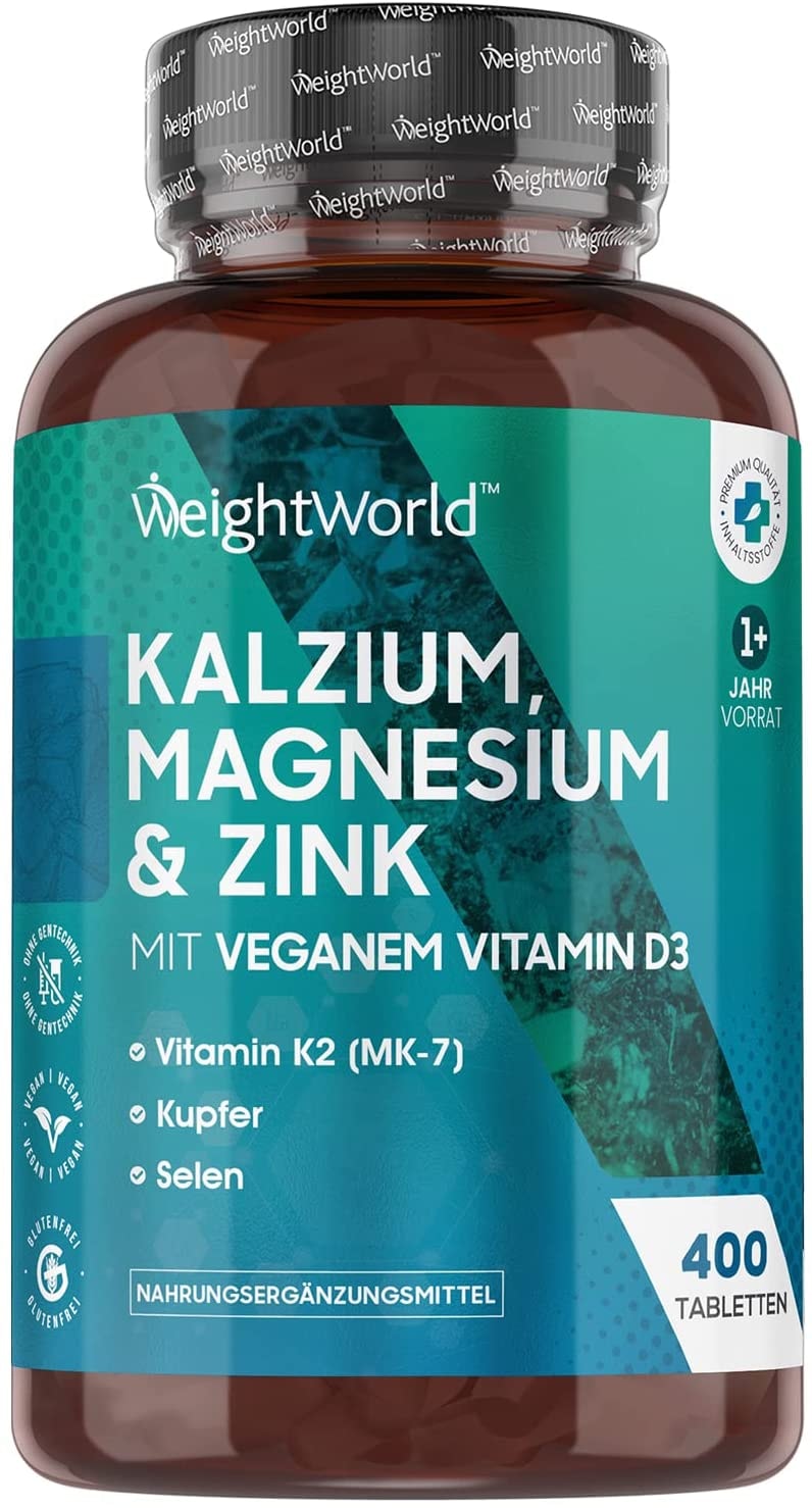 Produktbild von WeightWorld - Kalzium, Magnesium & Zink - 400 Tabletten - Mit Vitamin D3, K2, Selen, Mangan, Bor - Geprüfte, Natürliche Inhaltsstoffe - Vegane Vitamine & Mineralstoffe - 500mg Kalzium - Elektrolytgleichgewicht