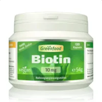 Greenfood Biotin (Vitamin B7), 10 mg, hochdosiert, 120 Vegi-Kapseln – das Beauty-Vitamin für schöne Haut und kräftige Haare. OHNE künstliche Zusätze. Ohne Gentechnik. Vegan.