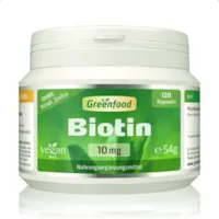 Produktbild von Greenfood Biotin (Vitamin B7), 10 mg, hochdosiert, 120 Vegi-Kapseln – das Beauty-Vitamin für schöne Haut und kräftige Haare. OHNE künstliche Zusätze. Ohne Gentechnik. Vegan.