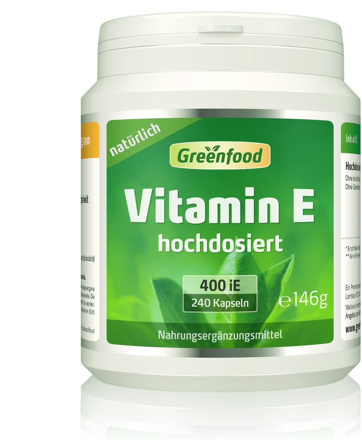 Produktbild von Greenfood Vitamin E, 400 iE, natürlich, 240 Softgel-Kapseln - wichtiger Anti-Oxidant, schützt die Zellen vor vorzeitiger Alterung (Anti-Oxidant). OHNE künstliche Zusätze. Ohne Gentechnik.