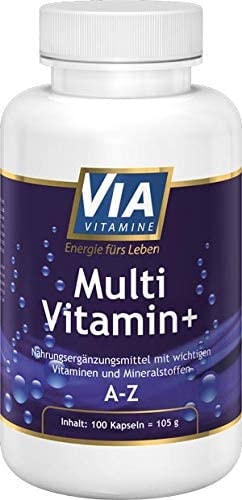 Produktbild von Via Vitamine - Multivitamin + Mineral A-Z, alle wichtigen Vitamine UND Mineralien, hochdosiert, hergstellt in Deutschland, höchste Qualität, 100 vegane Kapseln