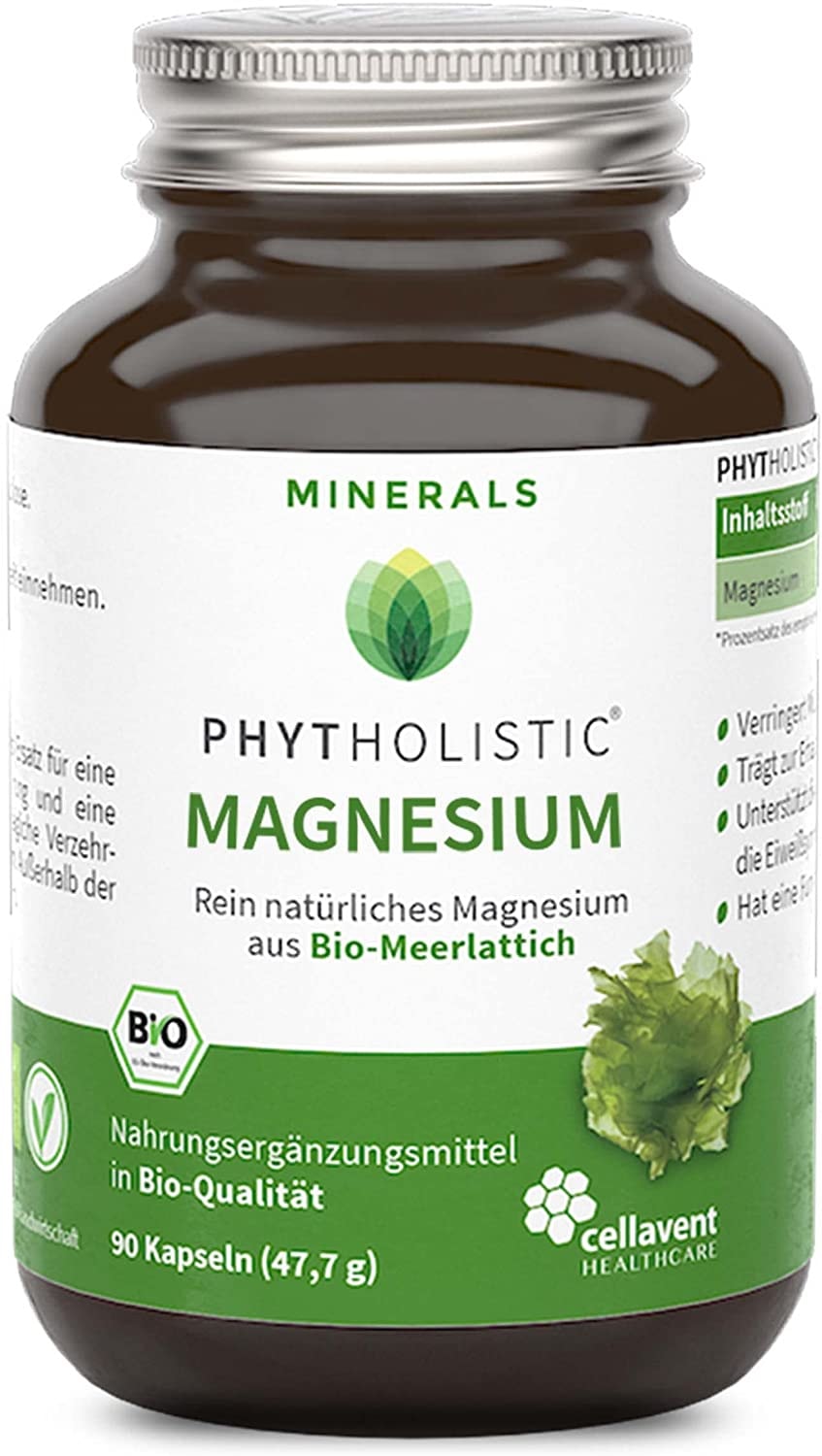 Produktbild von Phytholistic - Bio Magnesium Kapseln im Glas – aus Meerlattich – 337 mg rein pflanzliches Magnesium – ohne künstliche Zusätze – 90 Kapseln