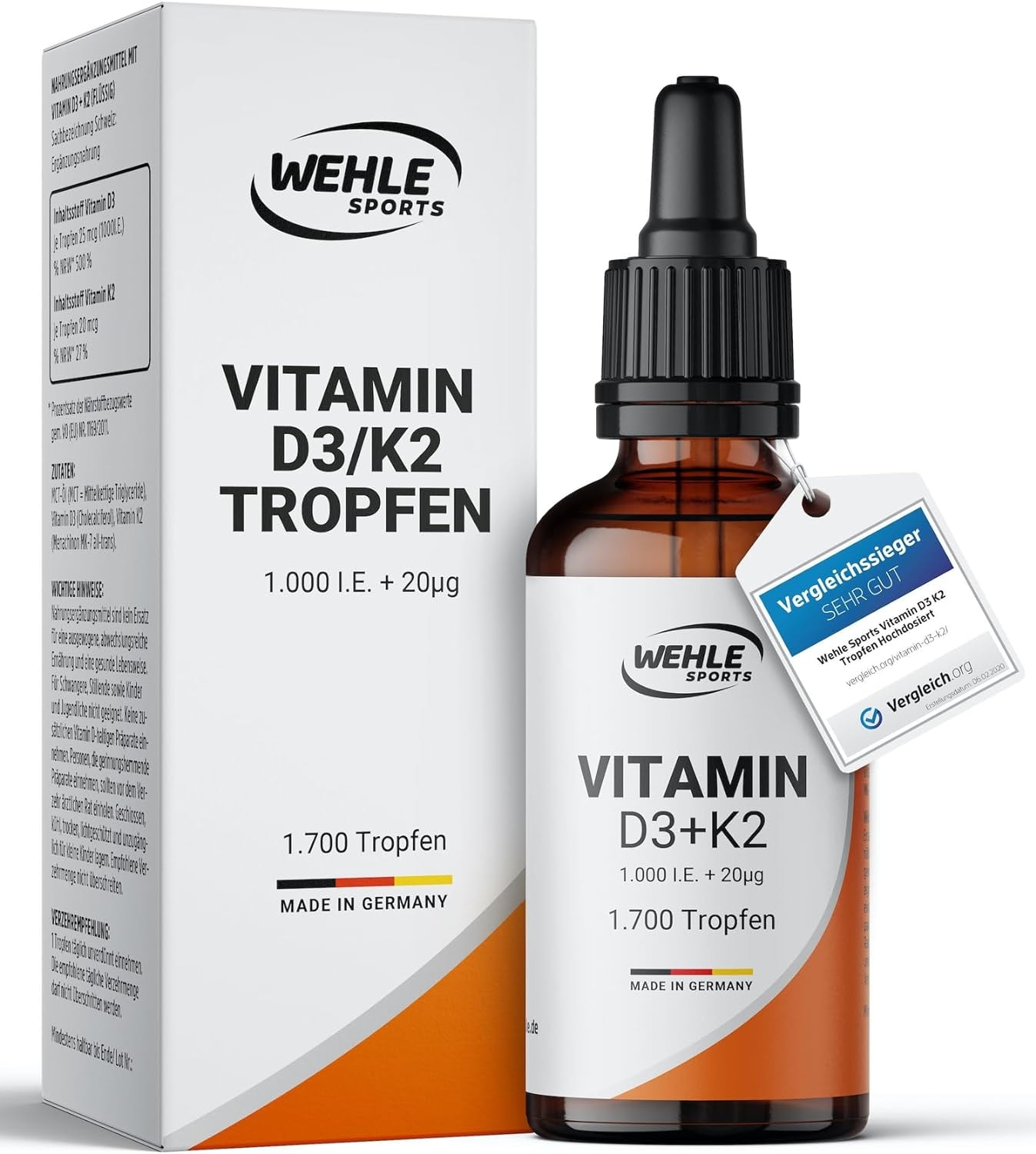 Produktbild von Bewertung Wehle Sports Vitamin D3 K2 Tropfen hochdosiert mit 1000 IE Vitamin D3 und K2 & MCT Öl 50ml 1700 Tropfen