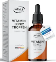 Produktbild von Bewertung Wehle Sports Vitamin D3 K2 Tropfen hochdosiert mit 1000 IE Vitamin D3 und K2 & MCT Öl 50ml 1700 Tropfen