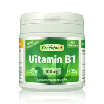Produktbild von Greenfood Vitamin B1, 100 mg, hochdosiert, 180 Tabletten, vegan - für gute Stimmung und Ausgeglichenheit. OHNE künstliche Zusätze. Ohne Gentechnik.
