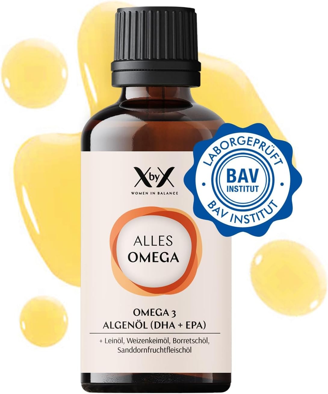 Produktbild von Bewertung XbyX Alles Omega 50 ml 20 Portionen Veganes Omega 3 aus Algenöl für Herz & Gehirn Hoher Gehalt an DHA & EPA Jodfrei Ohne Zuckerzusatz oder Süßungsmittel Höchste Qualität aus Deutschland