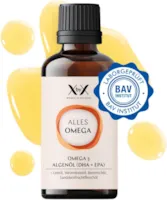 Produktbild von Bewertung XbyX Alles Omega 50 ml 20 Portionen Veganes Omega 3 aus Algenöl für Herz & Gehirn Hoher Gehalt an DHA & EPA Jodfrei Ohne Zuckerzusatz oder Süßungsmittel Höchste Qualität aus Deutschland