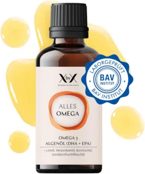 Produktbild von Bewertung XbyX Alles Omega 50 ml 20 Portionen Veganes Omega 3 aus Algenöl für Herz & Gehirn Hoher Gehalt an DHA & EPA Jodfrei Ohne Zuckerzusatz oder Süßungsmittel Höchste Qualität aus Deutschland