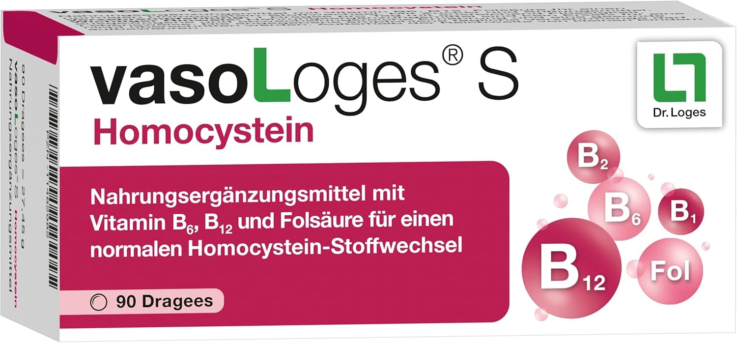 Produktbild von Bewertung vasoLoges® S Homocystein 90 Dragees Kombination zur Homocysteinsenkung Nahrungsergänzung zur Unterstützung eines normalen Homocystein-Stoffwechsels mit zusätzlichem Vitamin B1