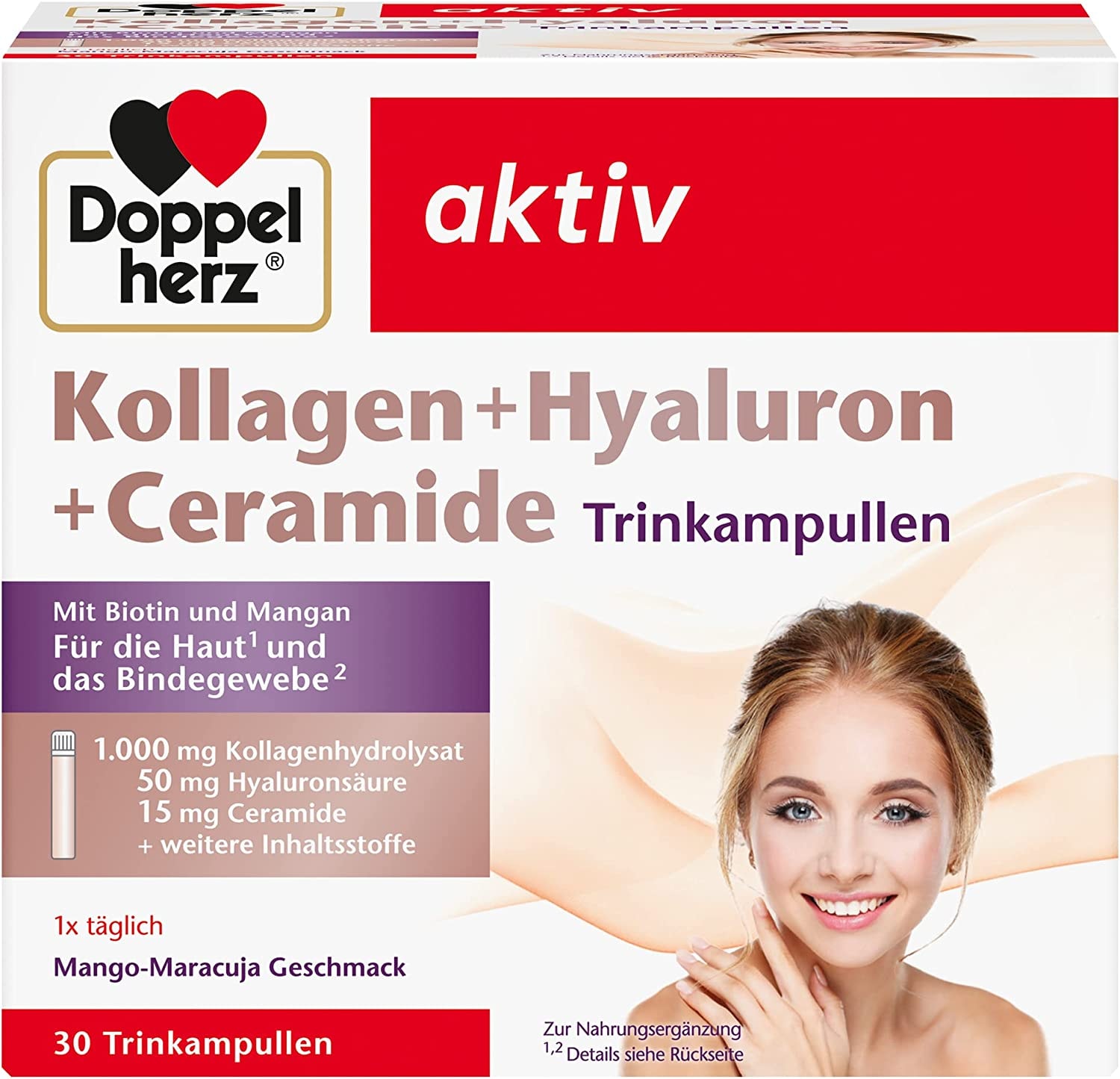 Produktbild von Doppelherz Kollagen Hyaluron Ceramide mit Biotin, Zink und Niacin als Beitrag für den Erhalt normaler Haut - 30 Trinkampullen