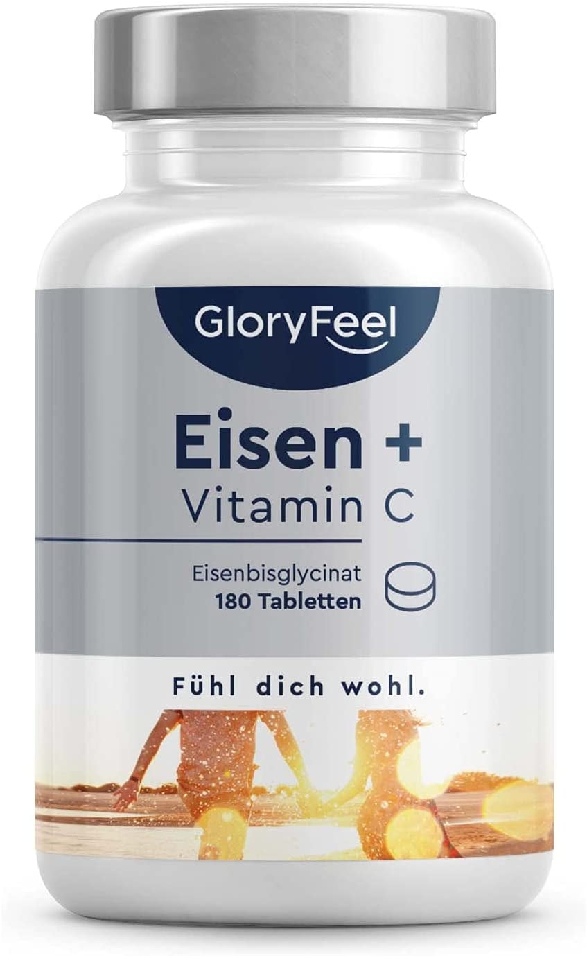 Produktbild von GloryFeel Eisen hochdosiert 40mg + 40mg natürliches Vitamin C - Premiumrohstoffe: Eisen-Bisglycinat + Vitamin C aus Acerola - 180 vegane Tabletten - Laborgeprüft ohne Zusätze in Deutschland hergestellt
