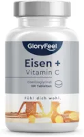 Produktbild von GloryFeel Eisen hochdosiert 40mg + 40mg natürliches Vitamin C - Premiumrohstoffe: Eisen-Bisglycinat + Vitamin C aus Acerola - 180 vegane Tabletten - Laborgeprüft ohne Zusätze in Deutschland hergestellt