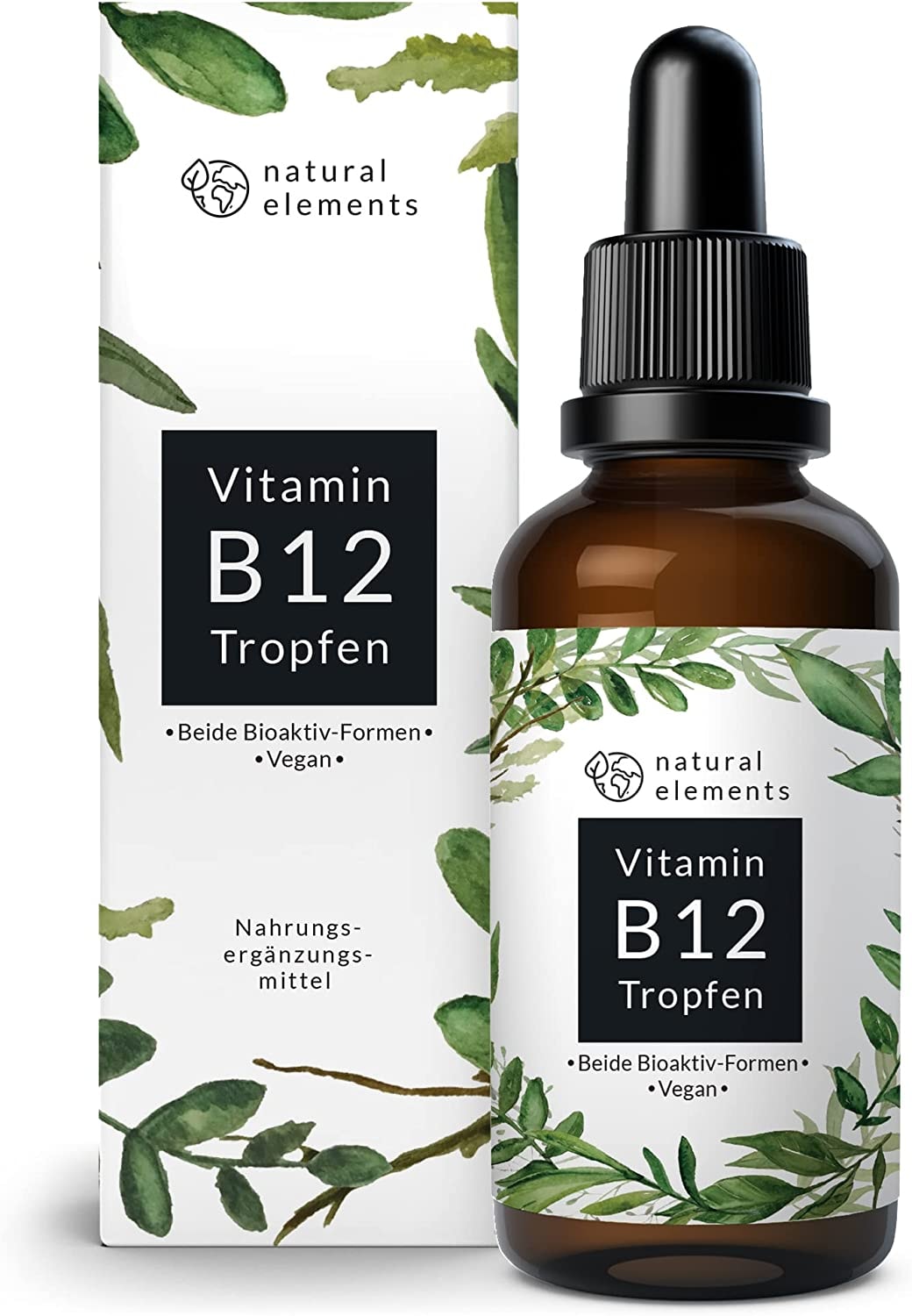 Produktbild von natural elements Vitamin B12 Tropfen 50ml 900 Tropfen Beide Aktivformen (Methyl- & Adenosylcobalamin) Ohne Alkohol vegan