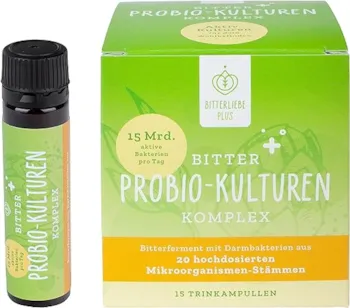 Produktbild von Bewertung BitterLiebe Bitter Probio Kulturen Komplex flüssige Darmbakterien magensaftresistentes Mittel mit 20 Bakterienstämmen und 15 Milliarden Bakterien 15x 15ml Trinkampullen