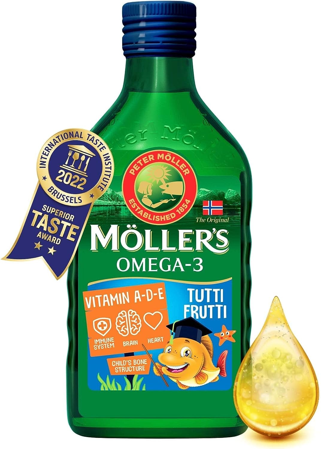 Produktbild von Bewertung Möller's Omega 3 Lebertran Nordic Omega 3 Kinder Nahrungsergänzung mit EPA DHA Vitamin A D und E hochreiner natürlicher Lebertran 165 Jahre alte Marke Tutti Frutti 250 ML