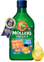Produktbild von Bewertung Möller's Omega 3 Lebertran Nordic Omega 3 Kinder Nahrungsergänzung mit EPA DHA Vitamin A D und E hochreiner natürlicher Lebertran 165 Jahre alte Marke Tutti Frutti 250 ML