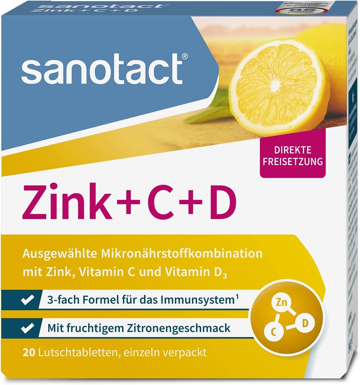 Produktbild von Bewertung sanotact Lutschtabletten Zink Vitamin C Vitamin D3 20 Stück hochdosiert deckt Tagesbedarf an Vitamin D3