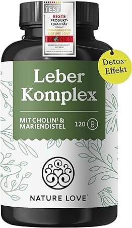 Produktbild von Bewertung NATURE LOVE Leber Komplex 120 Kapseln mit Mariendistel Cholin Artischockenextrakt Curcuma & Zink Leberkur Hochdosiert  vegan laborgeprüft und in Deutschland produziert