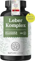 Produktbild von Bewertung NATURE LOVE Leber Komplex 120 Kapseln mit Mariendistel Cholin Artischockenextrakt Curcuma & Zink Leberkur Hochdosiert  vegan laborgeprüft und in Deutschland produziert